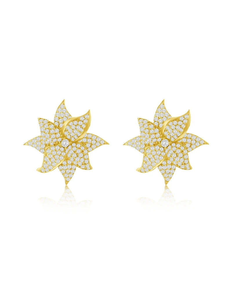 Suzy Levian Yellow Sterling Silver White Cubic Zirconia Large Pave Flower Earrings