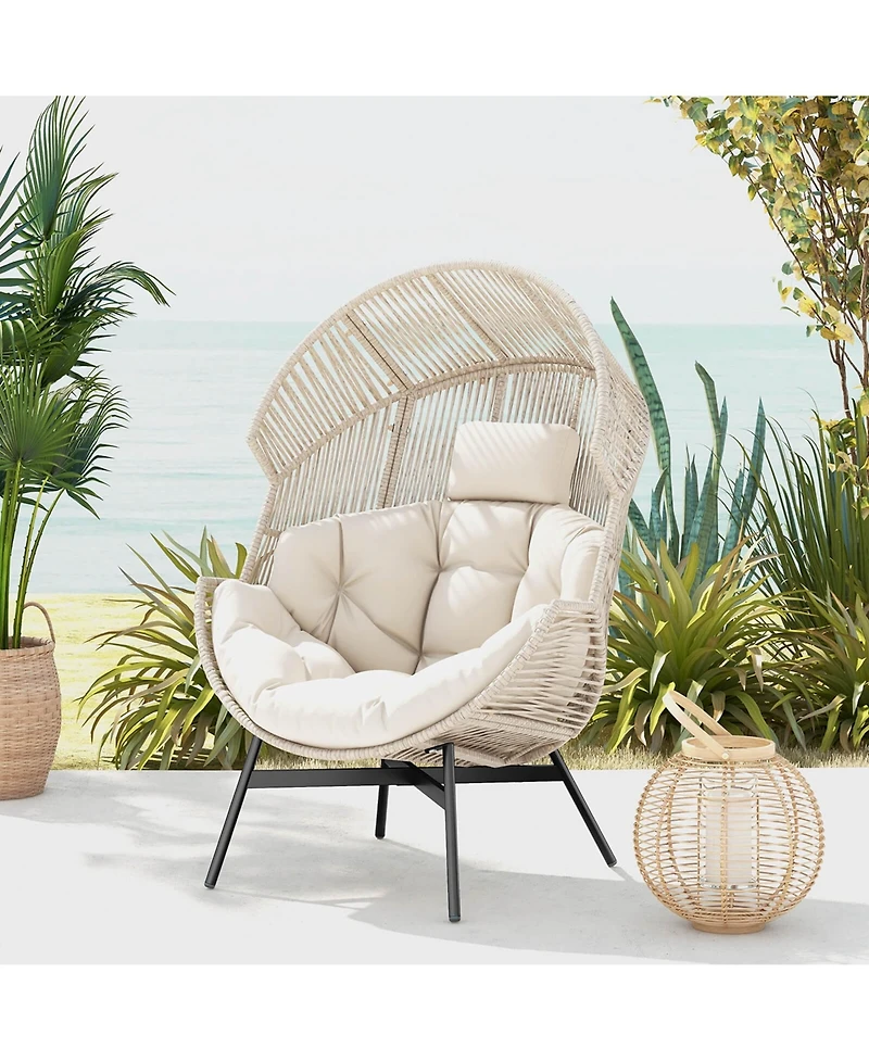 Oversized Egg Style Chair with Cushions & Headrest Heavy-Duty Metal Frame for Yard