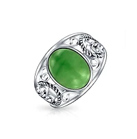 Bling Jewelry Scroll Filigree Oval Natural Green Jade Statement Ring .925 Sterling Silver