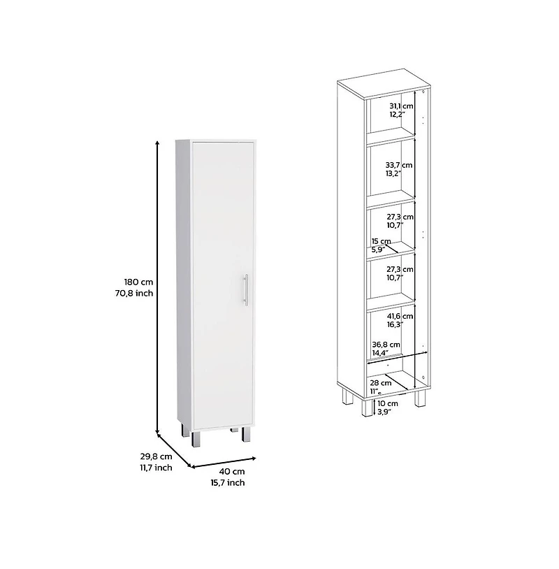 Dryden Tall Narrow Storage Cabinet with 5-Tier Shelf and Broom Hangers, White