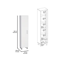 Dryden Tall Narrow Storage Cabinet with 5-Tier Shelf and Broom Hangers, White