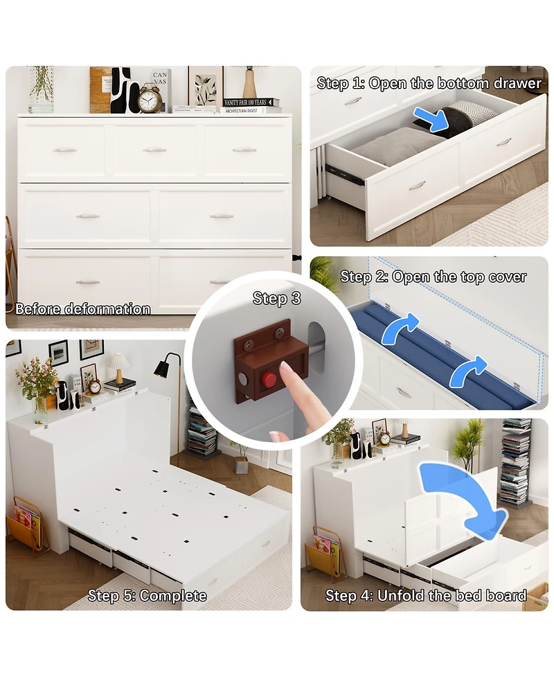Homsee White Wooden Chest of Drawers with Charging Station and Wheels