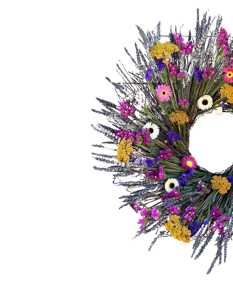 GreenishBlu Real Preserved Wreath Long Lasting, Colorful Dried Paper Daisy, Yellow Yarrow and Dried Lavender, 22"
