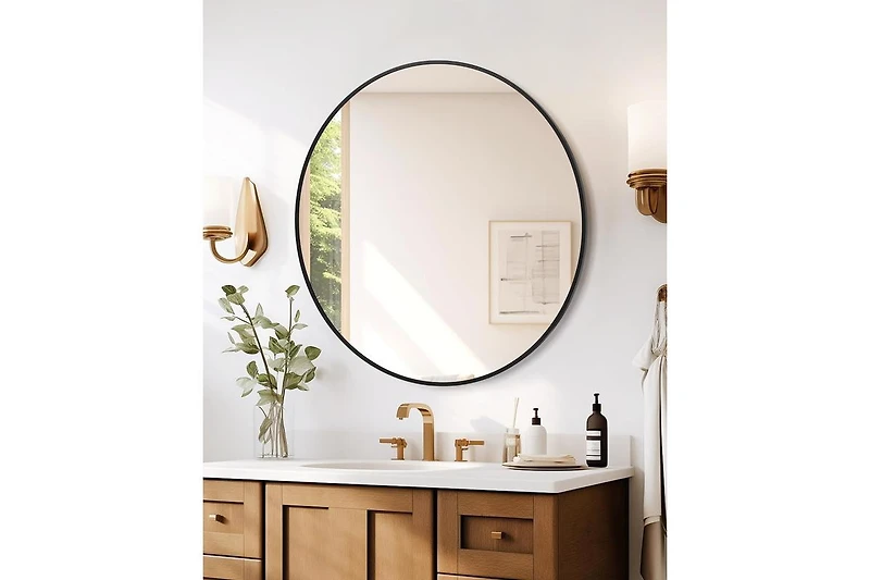 Gaomon 30 inchRound Mirror for Wall, Black Metal Frame Circle Mirror, Round Bathroom Mirror for Wall Decor, Round Wall Mirror for Entryway, Vanity, Be