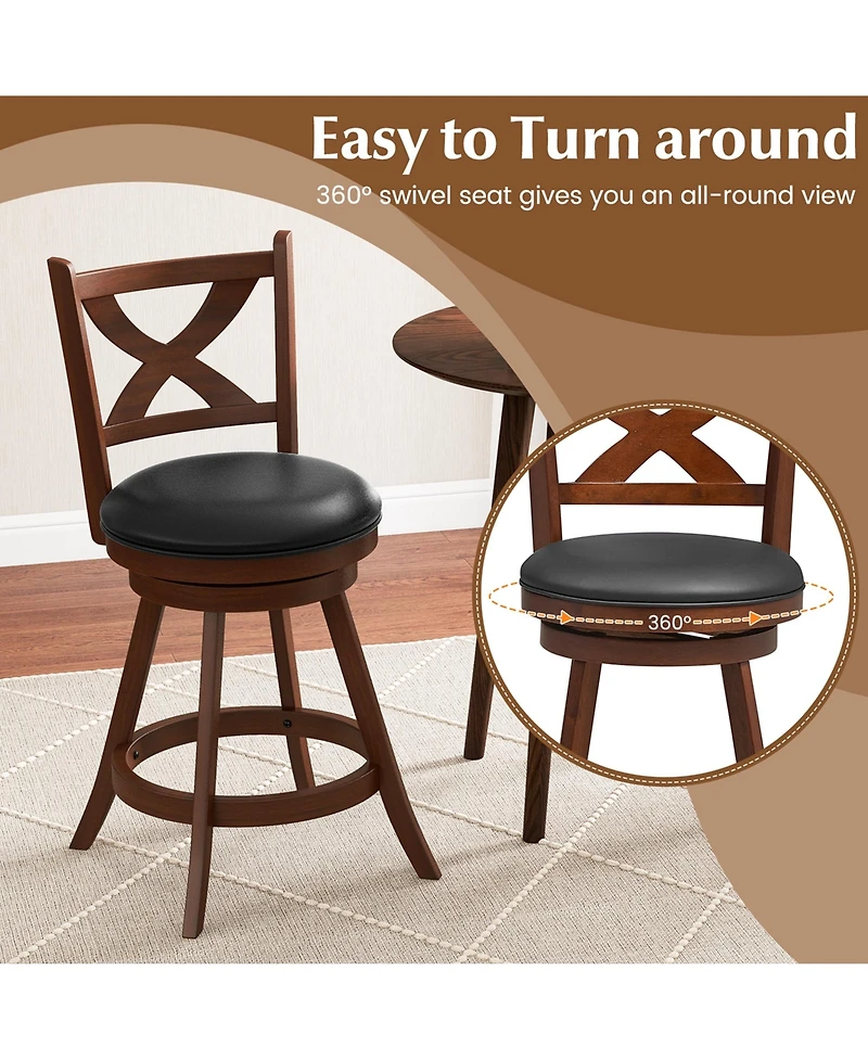 Set of 2 Bar Stools 24'' Classic Counter Height Swivel Chairs for Kitchen Pub