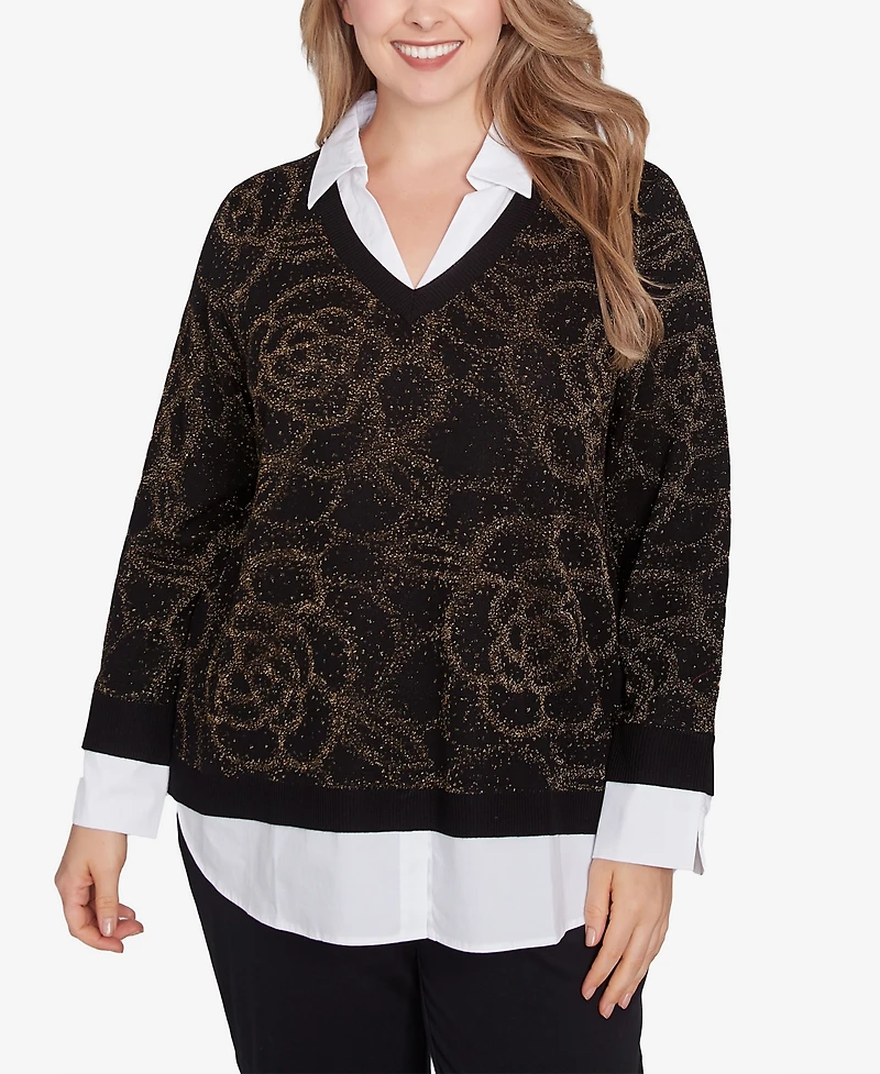 Ruby Rd. Plus Size Metallic Floral Layered Shirt Collar Sweater