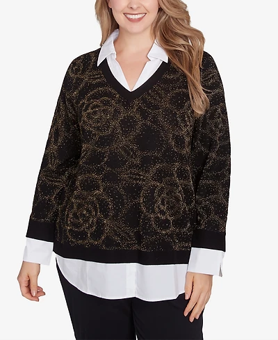 Ruby Rd. Plus Size Metallic Floral Layered Shirt Collar Sweater