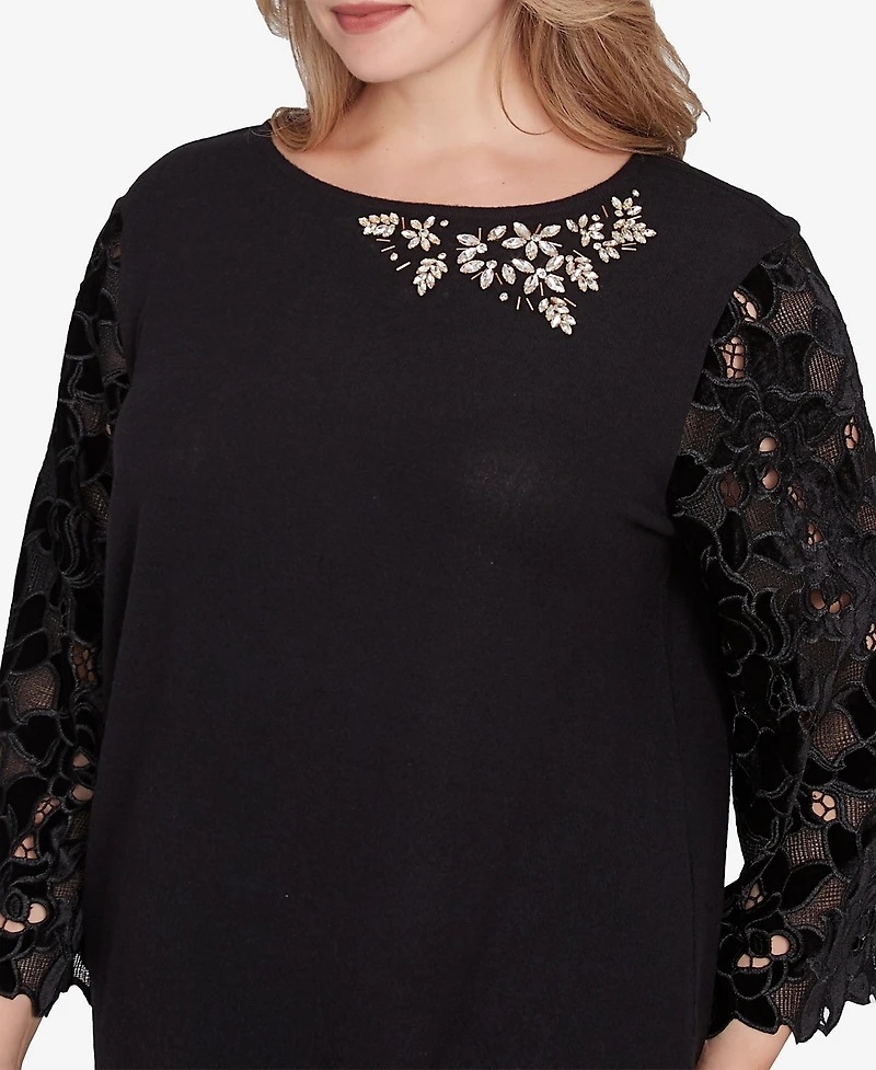 Ruby Rd. Plus Size Velvet Rosette Lace Sleeve Bejeweled Top