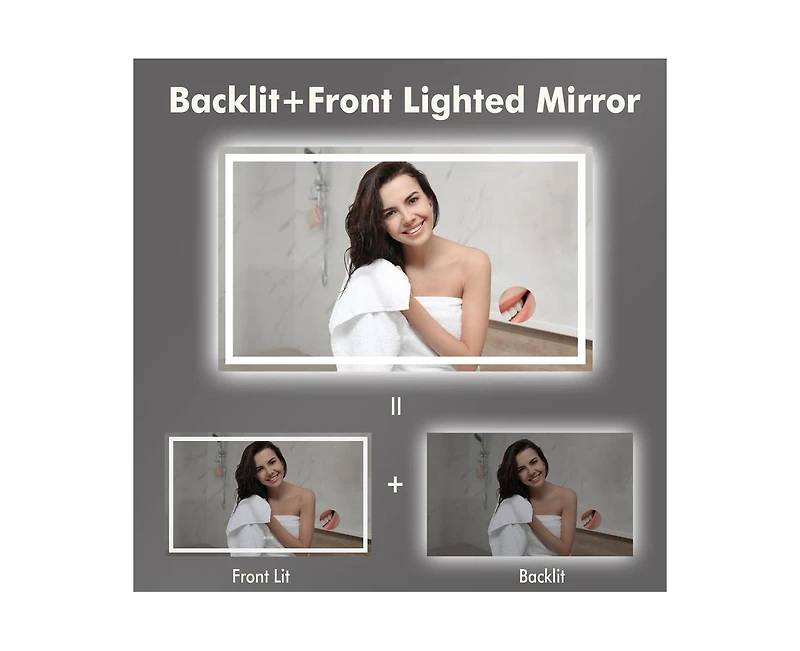 gaomon Led Bathroom Mirror 60X36“ Wall-Mounted Vanity Mirrors Stepless Dimmable Wall Mirrors with 3X Magnification, Anti-Fog, Backlit + Front L