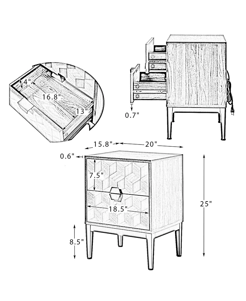 Hulala Home Modern Apakah 25" Tall 2-Drawer Nightstand