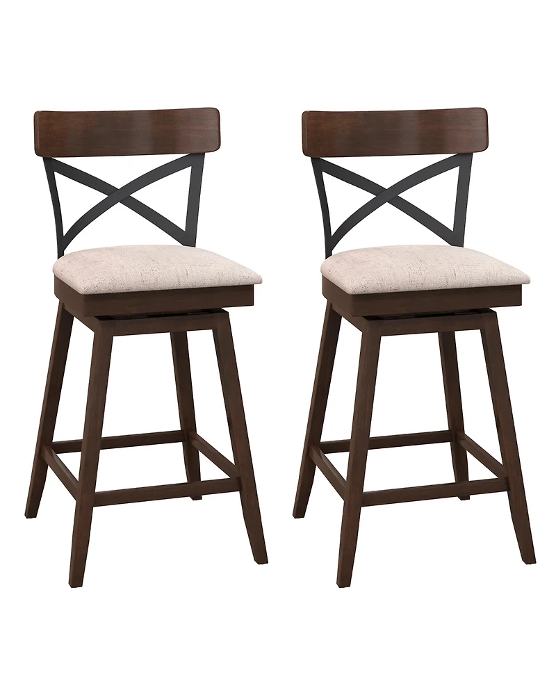 Set of 2 Wooden Swivel Bar Stools Upholstered Counter Height Dining Chairs