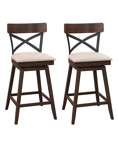 Set of 2 Wooden Swivel Bar Stools Upholstered Counter Height Dining Chairs