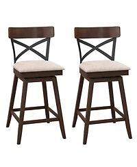 Set of 2 Wooden Swivel Bar Stools Upholstered Counter Height Dining Chairs