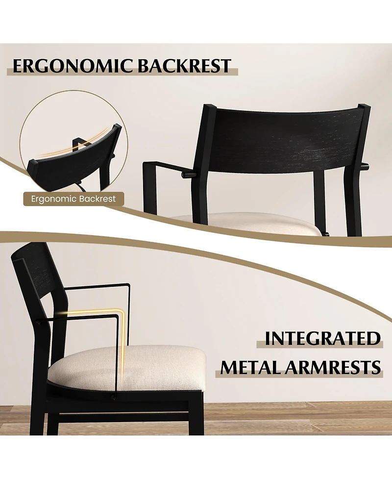 Gymax Dining Chair w/ Arms Set of 4 Modern Kitchen Chairs w/ Contoured Backrest Black & Beige
