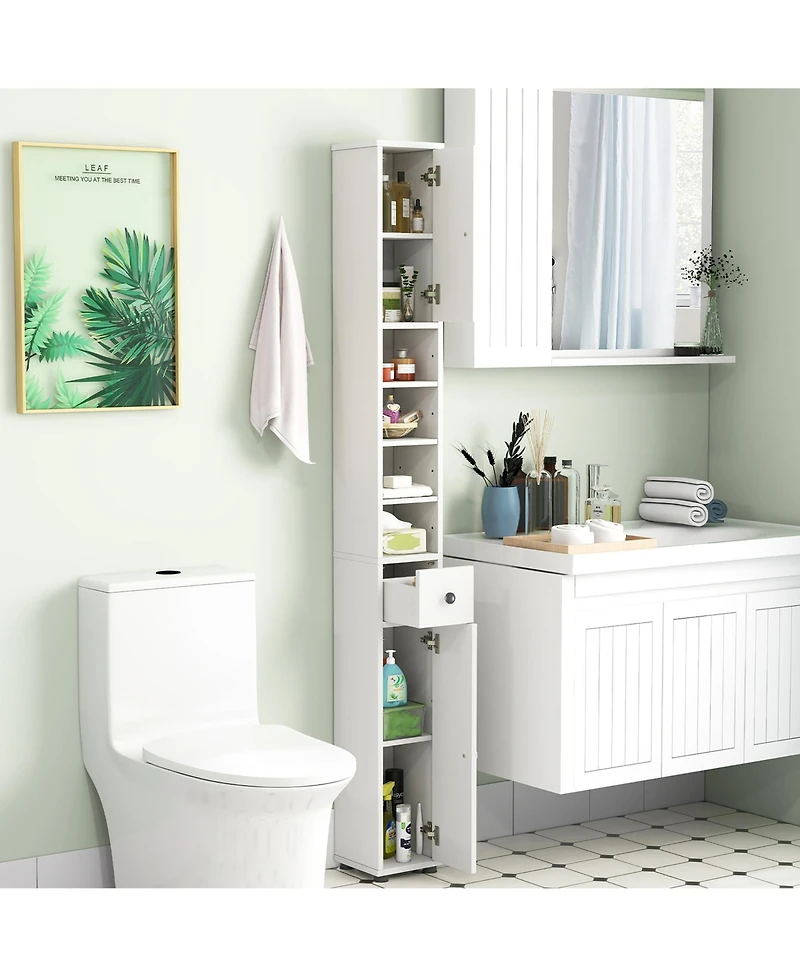 Gymax Tall Slim Bathroom Storage Cabinet Linen Tower w/ Drawer & Adjustable Shelves