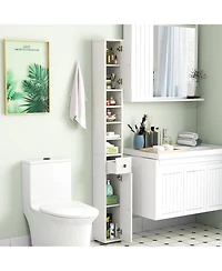 Gymax Tall Slim Bathroom Storage Cabinet Linen Tower w/ Drawer & Adjustable Shelves
