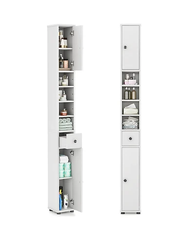 Gymax Tall Slim Bathroom Storage Cabinet Linen Tower w/ Drawer & Adjustable Shelves