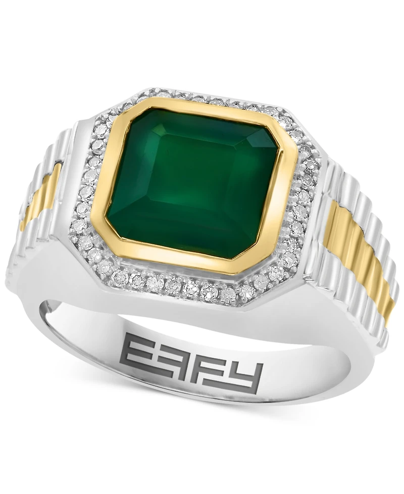 Effy Men's Green Onyx & Diamond (1/5 ct. t.w.) Halo Ring in Sterling Silver & 18k Gold-Plate