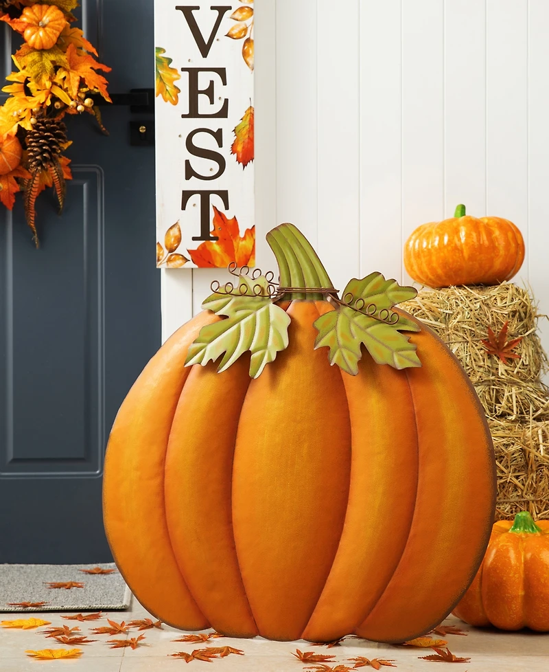Glitzhome 37.5"H Fall Oversized Metal Pumpkin Yard Stake or Wall Decor