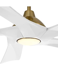 Possini Euro Design 60" Eloquent Indoor Outdoor Ceiling Fan 5 Blade Led Light Remote Control Brass Finish White Blades Damp Rated