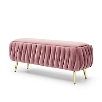 Oval Storage Bench with Gold Legs, Velvet Fabric Upholstered Ottoman Storage Benches for Bedroom End of Bed, Sherpa Fabric Bench for Living Room, Dini