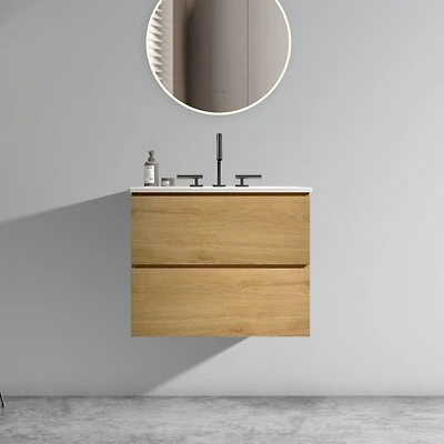 Streamdale 24" Oak Bathroom Vanity Wall Mount, Ceramic Sink, Storage