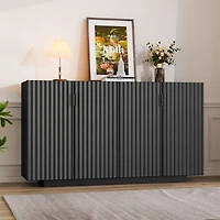 Simplie Fun 4 Wavy Doors Ample Storage Space Sideboard With Adjustable Shelves Retro Copper Handles For Dining Room Living Room Black