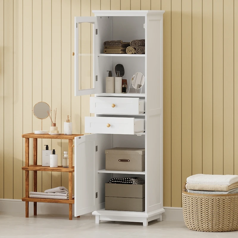 63" Tall Bathroom Storage Cabinet with Glass Doors, Free-Standing, Two Drawers, and Adjustable Shelves, Mdf Board