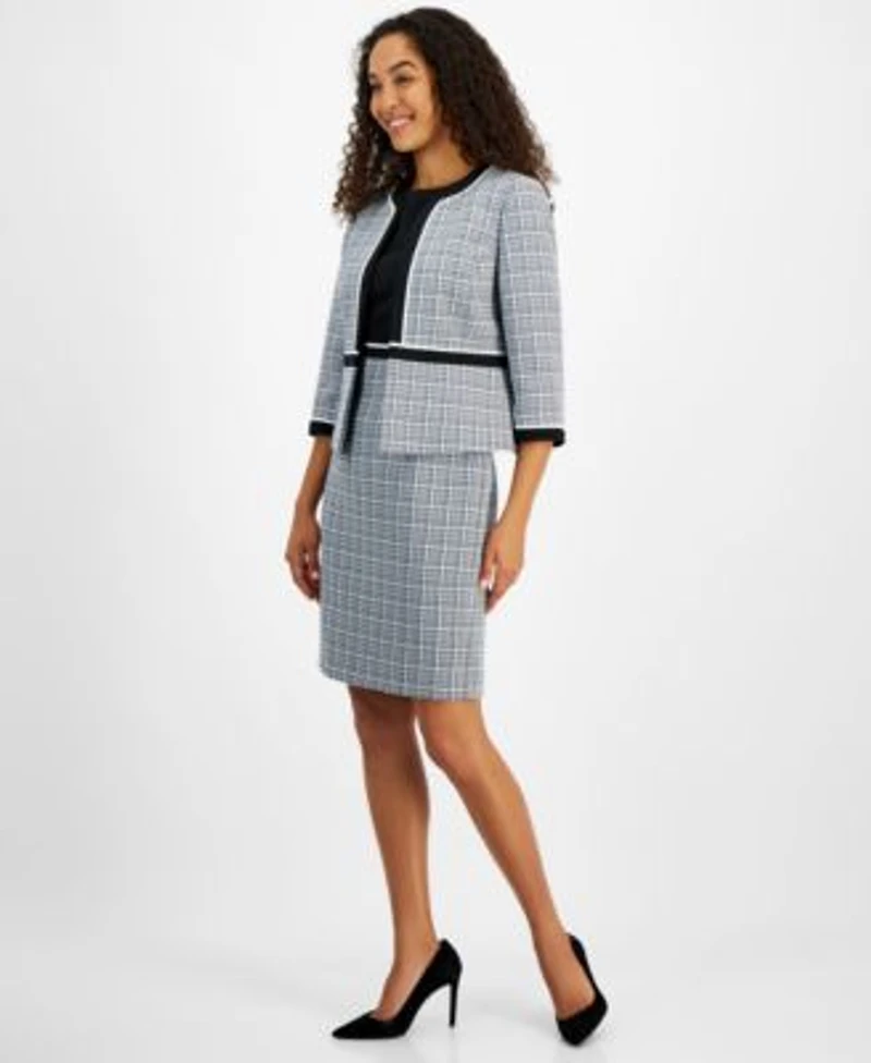 Kasper Womens Open Front Piped Trim Tweed Jacket Sleeveless Sheath Dress