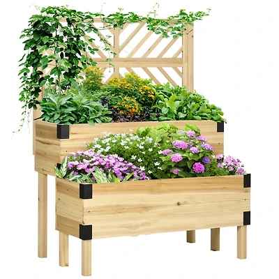 Streamdale Furniture Raised Garden Bed with Trellis, 2 Tier Wooden Elevated Planter Box with Legs and Metal Corners for Vegetables, Flowers, Herbs, Na