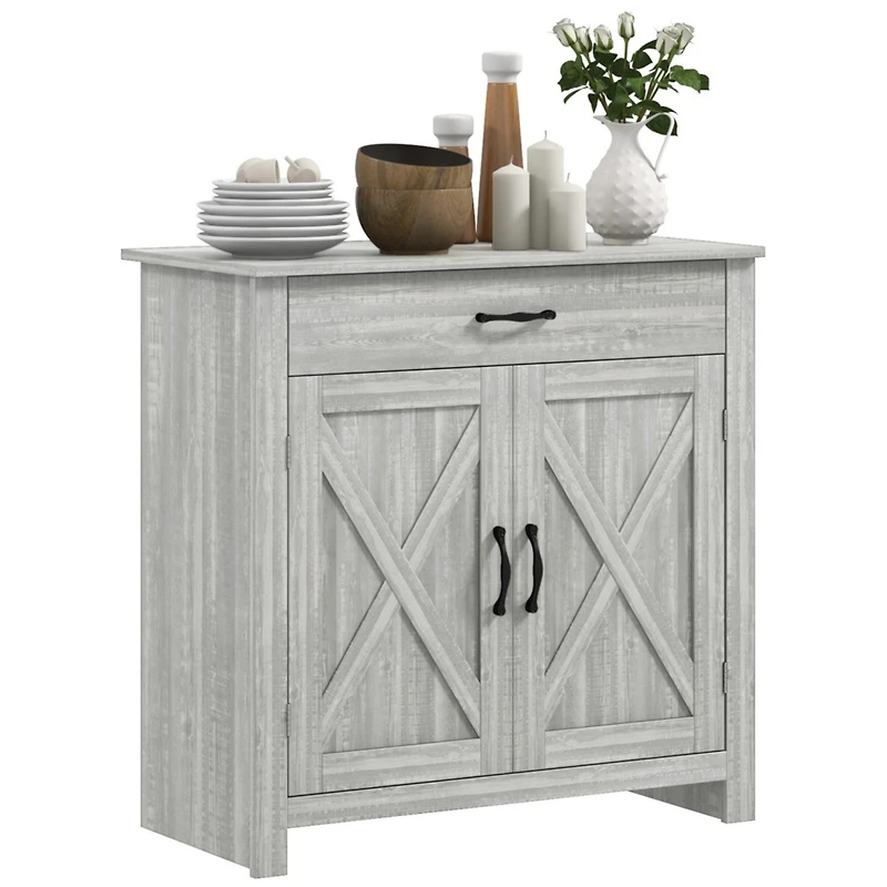 Farmhouse Sideboard Buffet Cabinet, Barn Door Coffee Bar Cabinet with Drawer and Adjustable Shelf, Kitchen Cabinet for Living Room, Entryway, Stone Gr