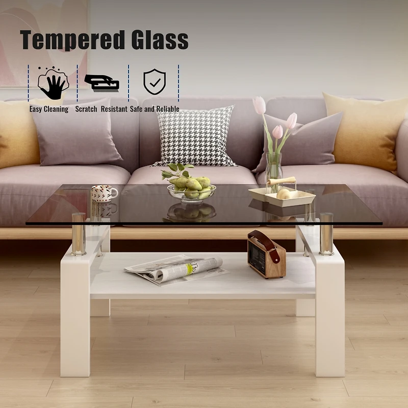 Rectangle Coffee Table, Tempered Glass Tabletop with Mdf Layer, Modern Table for Living Room, Gray Glass