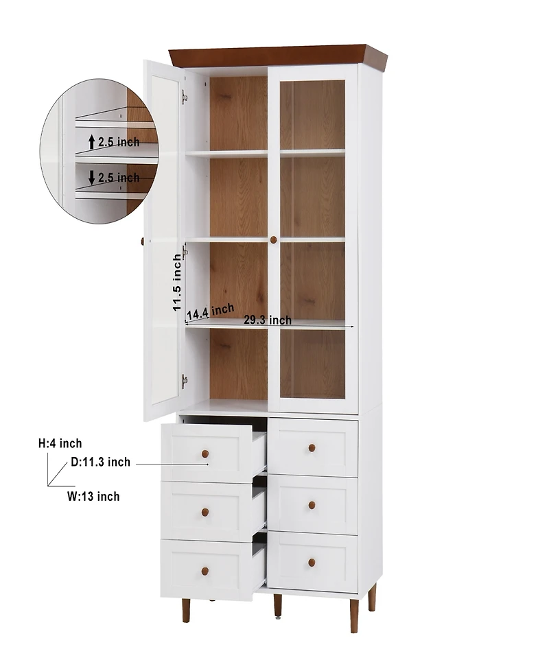 Streamdale Furniture White Mdf Display Storage Cabinet, Tall Kitchen Pantry Cabinets with Glass Doors and Adjustable Shelves, Freestanding Storage Cup