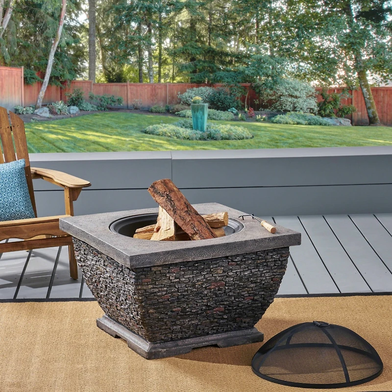 Streamdale 32" Mgo Light-Weight Concrete Wood Burning Square Fire Pit, Grey