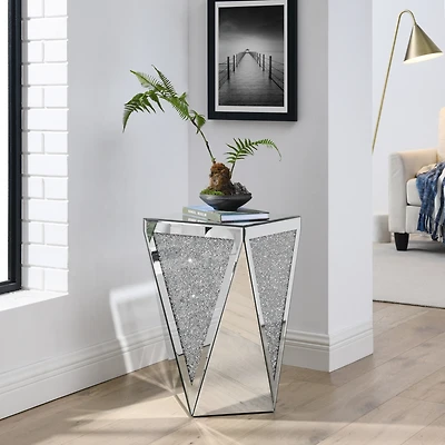 Streamdale Furniture Inverted Triangular Mirror Square Table, Crystal Diamond Inlaid Coffee Table, Silver Glass Side Table Suitable for Corridors, Liv