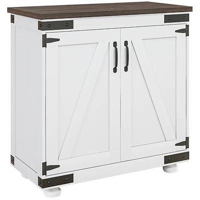 Modern Farmhouse Sideboard, Buffet Cabinet with Barn Style Door and Adjustable Shelf, Kitchen Storage Cabinet with Wood Legs, Distressed White and Bro