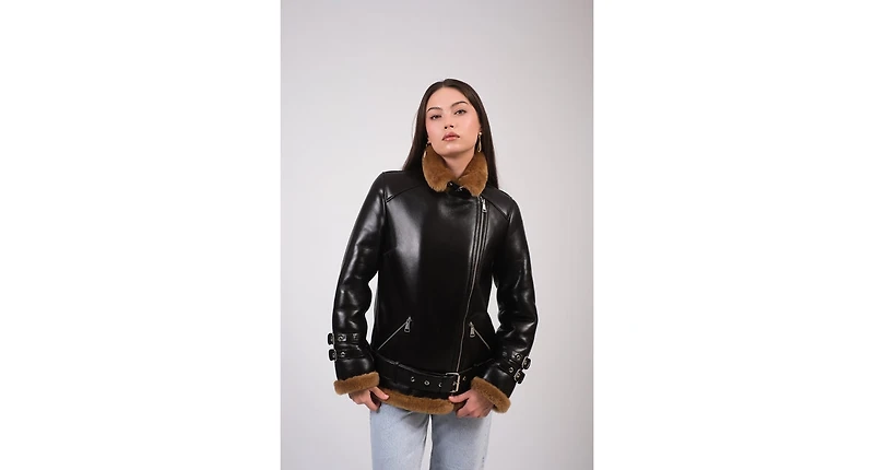 Furniq Uk Women's Leather Sheepskin Jacket, Brown, Created for Macy's