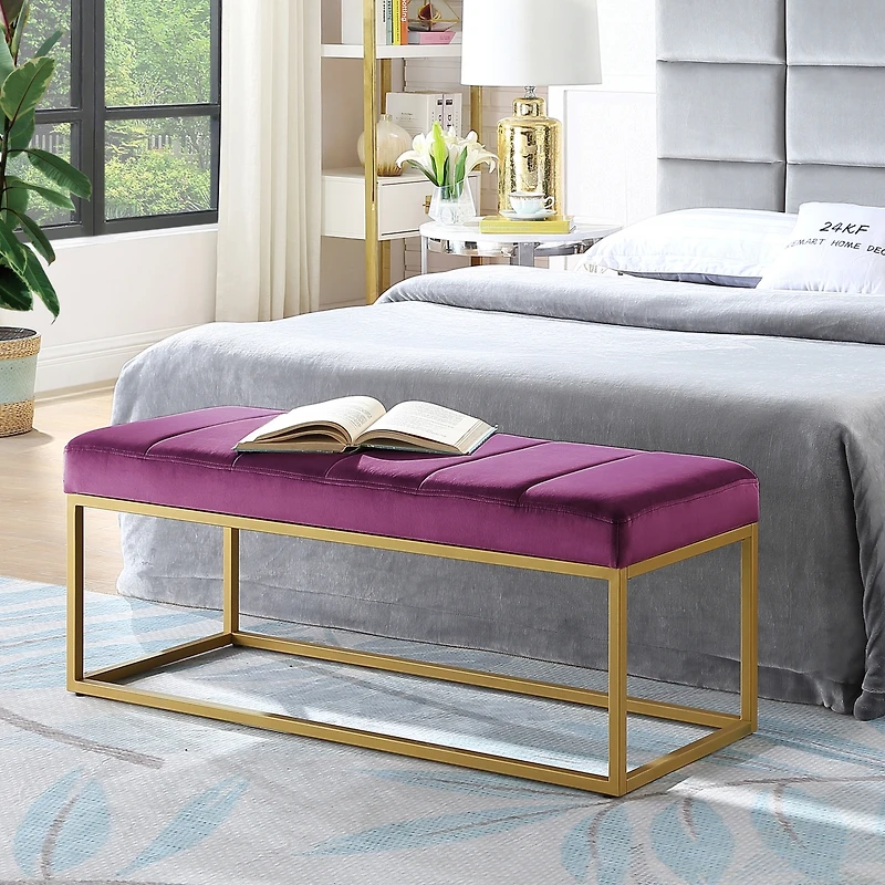 Modern Tufted Channel Entryway Bench Emerald Velvet Upholstered End of Bed Bench with Metal Frame, Footboard Bench for Living Room, Bedroom