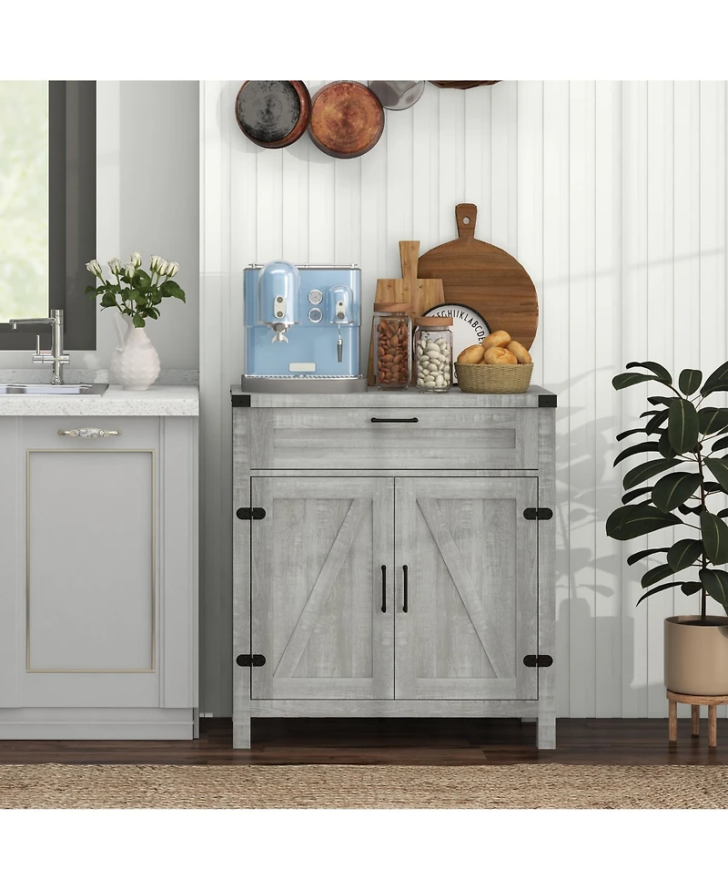 Sideboard Buffet Cabinet with Storage Drawer, Modern Farmhouse Kitchen Cabinet with 2 Barn Doors, Coffee Bar Cabinet, Gray
