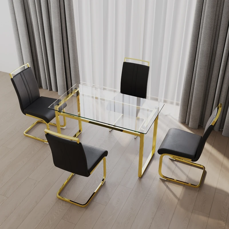 Streamdale Furniture 51 inch Glass Dining Table Set for 4, Dining Table & Chair Sets with Golden Plating Legs for Kitchen, Modern Rectangle Tempered G