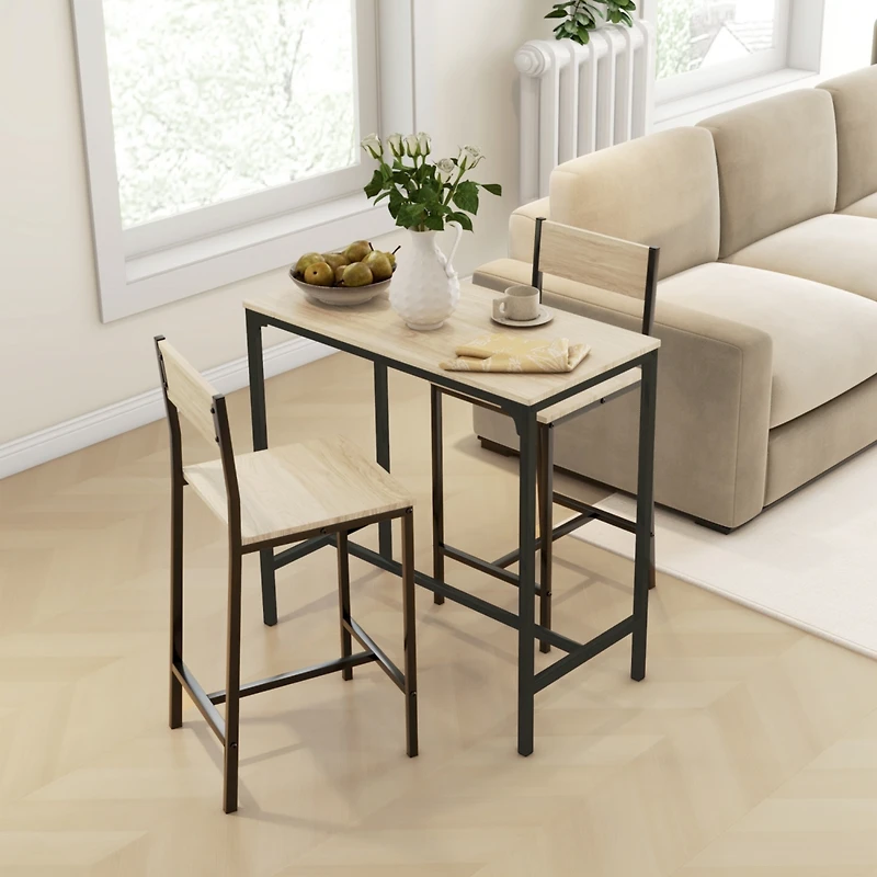 3 Piece Bar Table and Chairs, Industrial Dining Table Set for 2, Counter Height Kitchen Table with Bar Stools, Breakfast Table Set for 2 for Small Spa