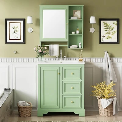 30-inch bathroom vanity with sink, modern elegant bathroom storage cabinet with 3 drawers and adjustable shelves, freestanding vanity set with mirror