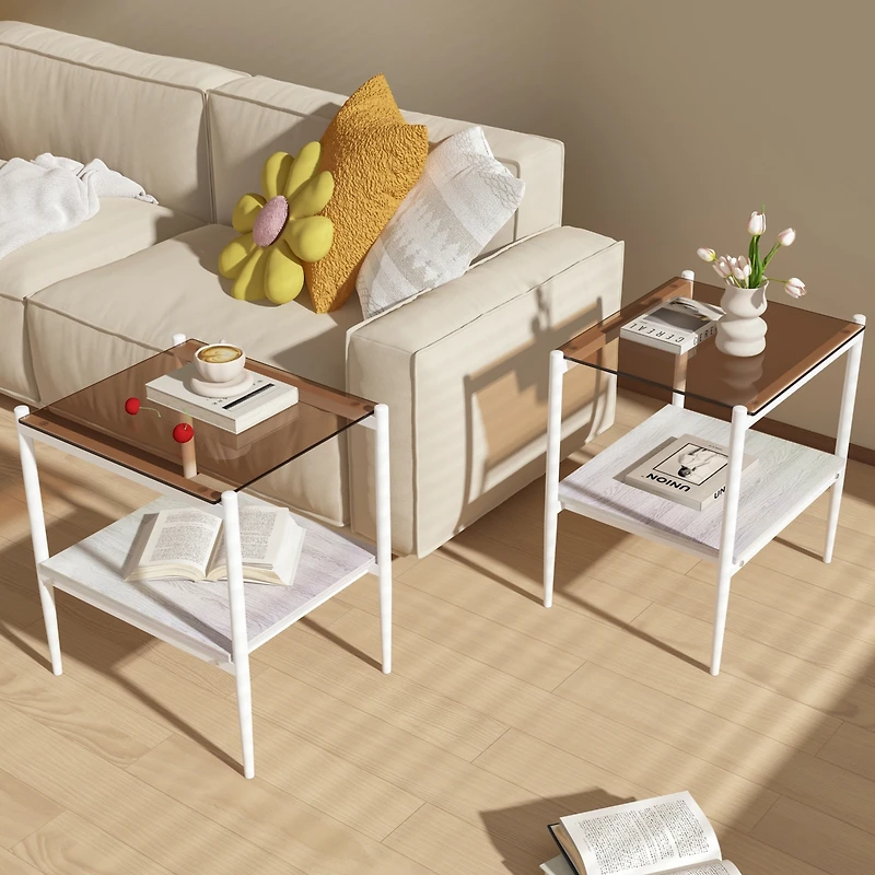 Streamdale Furniture Set of 2 Rectangle End Table, Tempered Glass Tabletop with Mdf layer, Modern Table for Living Room