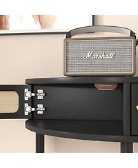 Streamdale Furniture Unique Half Moon Design End Table with Rattan Door, Elegant Semicircle Sofa Side Table with 2 Rattan Storage Cabinet and Bottom S