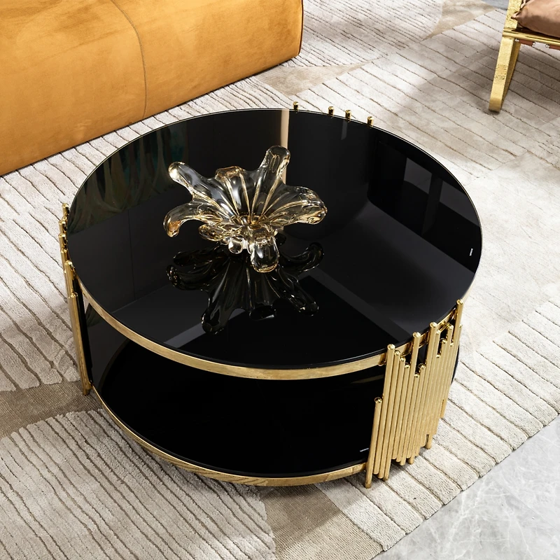 Streamdale Furniture double layer black tempered glass top stainless steel round coffee table for living room