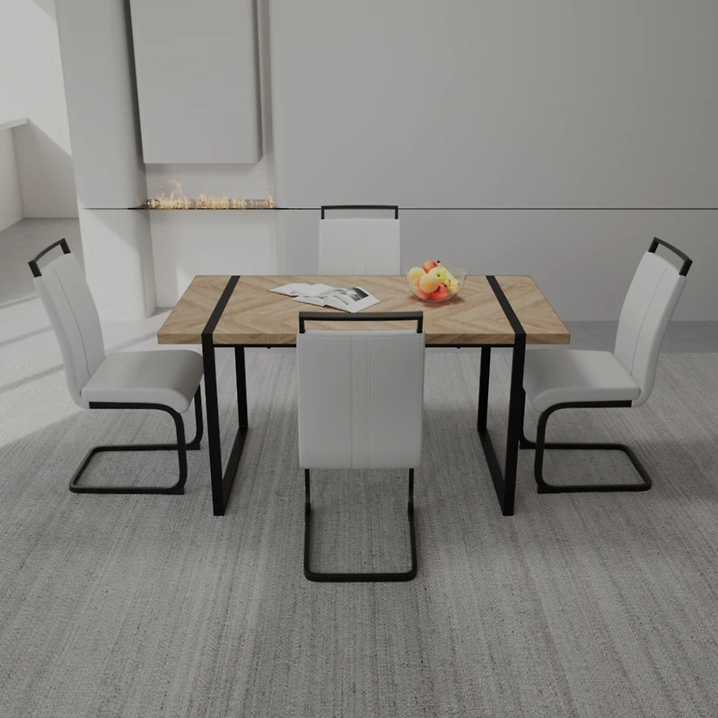 Streamdale Furniture 59" Rural Industrial Rectangular Mdf Light Wood Dining Table Set and Pu Armless Dining Chair Set, 4-piece. Kitchen Black Metal Ta