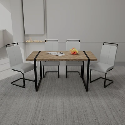 Streamdale Furniture 59" Rural Industrial Rectangular Mdf Light Wood Dining Table Set and Pu Armless Dining Chair Set, 4-piece. Kitchen Black Metal Ta