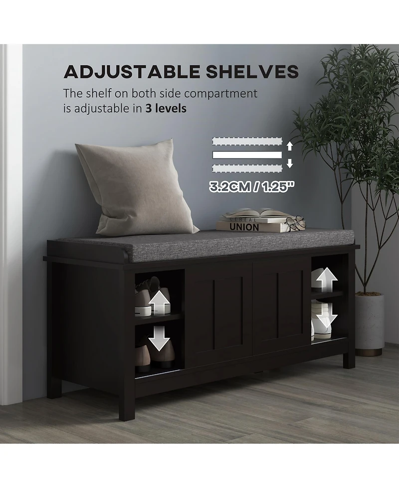 Entryway Shoe Bench Storage Ottoman with Sliding Doors, Adjustable Shelving, 6 Compartments, and Padded Seat, Holds 10 Pairs, Black