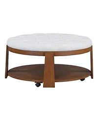 Streamdale Furniture Modern Large Round Ottoman Coffee Table 2-Tier Oversized Button Tufted Ottoman with Wood Shelf Storage Upholstered Coffee Table f