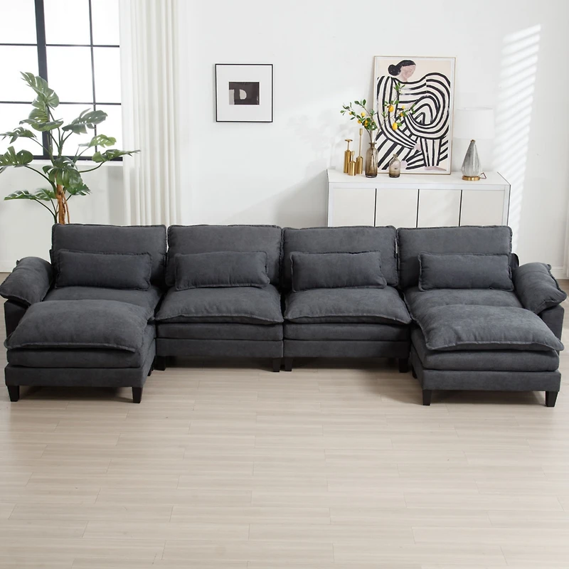 154.8" Oversized Modular Sofa, Ice Velvet Large U-Shaped Couch Comfy Upholstered 4-Seat Sofa with 2 Ottoman, 4 Lumbar Pillow, Deep Seat Couch for